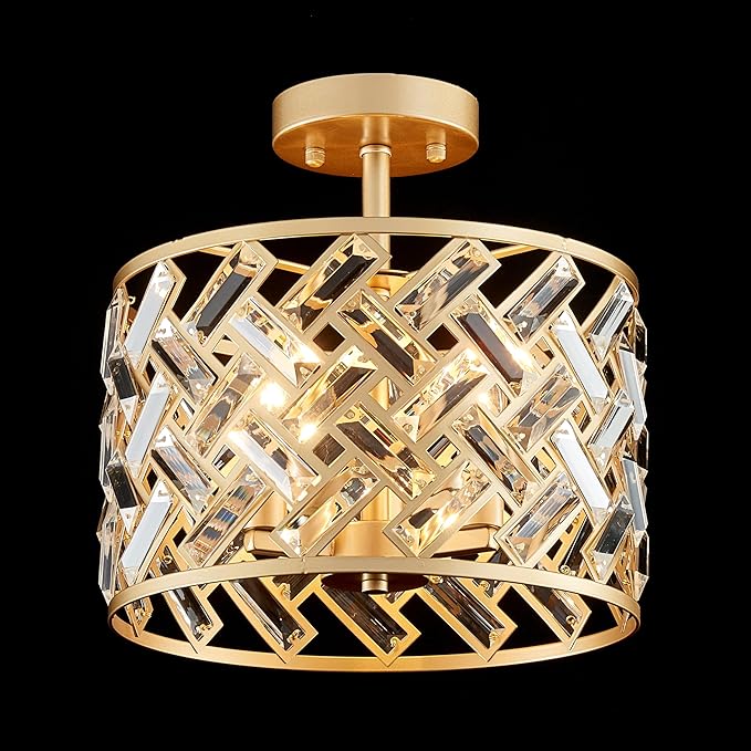 Shrine Lighting Crystal Ceiling Light, Gold Crystal Chandelier for Living Room, D12'' x H11.2'', E12*3 Sockets, Ctystal Lampshade & Gold Finish Frame