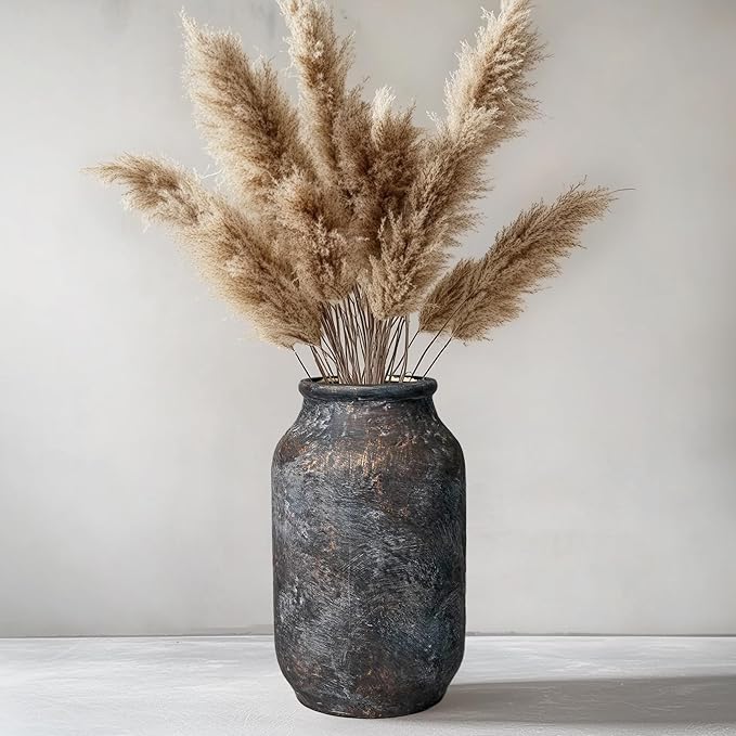 Rustic Ceramic Vase, Terracotta Pottery Decorative Vase, Farmhouse Decor for Living Room, Home, Fireplace, Shelf Decor, 9 Inch, Bronze