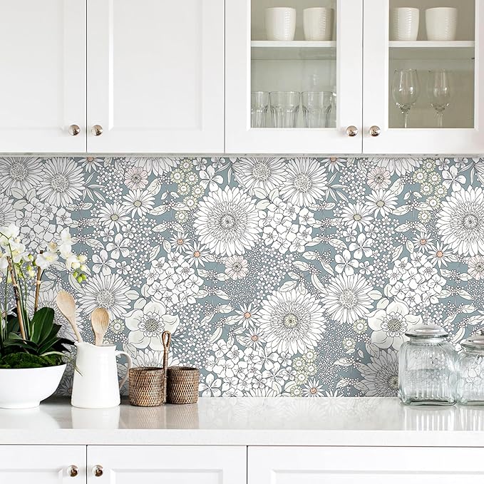 Livelynine Light Blue Floral Wallpaper Peel and Stick Boho Vintage Blue and White Prepasted Wallpaper for Bathroom Bedroom Removable Flower Contact Paper Vinyl Botanical Floral Shelf Liner 17.5x78.8