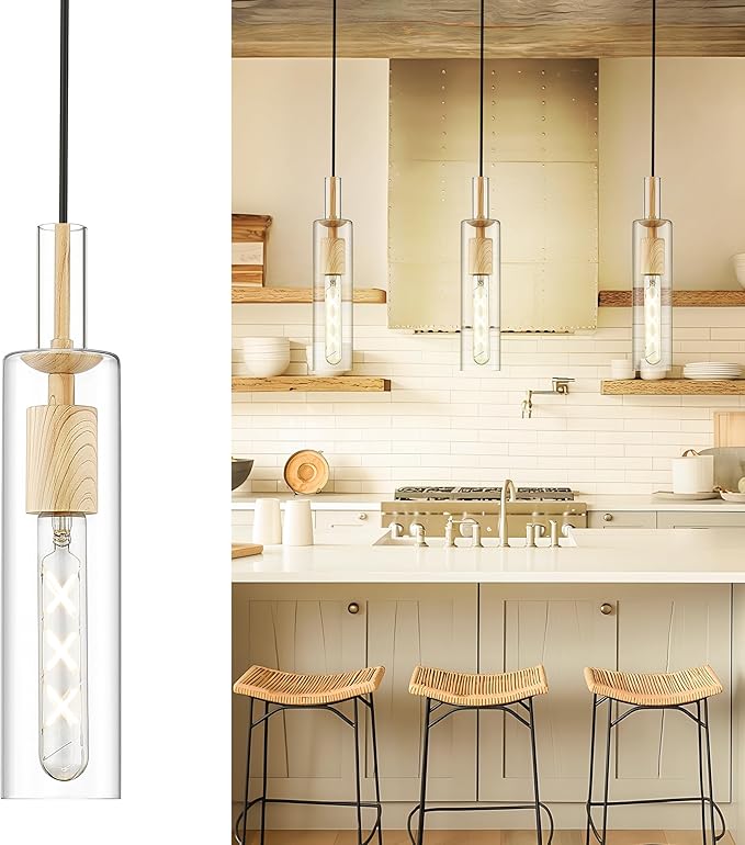AUTELO 1-Light Pendant Lights - Vintage Pendant Lights Kitchen Island, Light Wood Grain Hanging Light with Clear Cylinder Glass, Pendant Light Fixtures for Kitchen Island Dining Room Bathroom H3875 LW