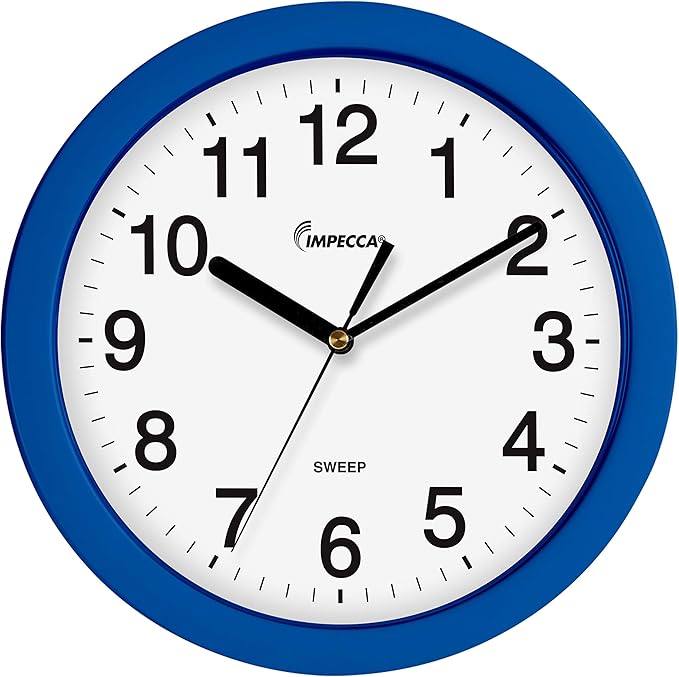 Impecca Silent Wall Clock Non Ticking 10 inch Excellent Accurate Sweep Movement Plastic Frame, Decorative for Kitchen, Living Room, Bedroom, Bathroom, Bedroom, Office, Blue