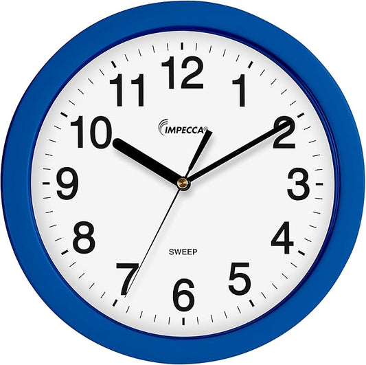 Impecca Silent Wall Clock Non Ticking 10 inch Excellent Accurate Sweep Movement Plastic Frame, Decorative for Kitchen, Living Room, Bedroom, Bathroom, Bedroom, Office, Blue