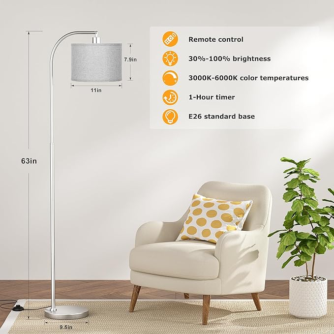 Arc Floor Lamp with Remote and Stepless Dimmable Bulb, Colors Temperature & Brightness Adjustable, Floor Lamps for Living Room（Grey Shade & Silver Pole）
