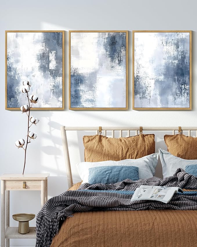 KUVIOKE Navy Blue and Gray Abstract Framed Canvas Wall Art Brush Strokes Block Shape Pastel Wall Decor Modern Minimalist Art Painting Home Decor 11x14in (Natural Framed)