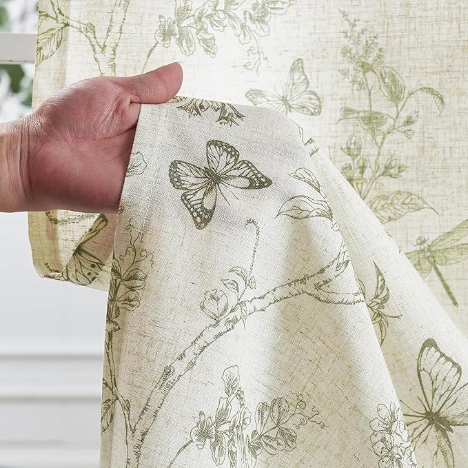 Lazzzy Green Floral Curtains 84 Inch Length Linen Farmhouse Curtain Back Tab Drapes for Living Room Bedroom Light Filtering Vintage Rod Pocket Curtains, 2 Panels, Green on Beige