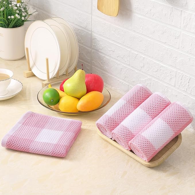 Homaxy 100% Cotton Waffle Weave Check Plaid Kitchen Towels, 13 x 28 Inches, Super Soft and Absorbent Dish Towels for Drying Dishes, 4-Pack, White & Pink