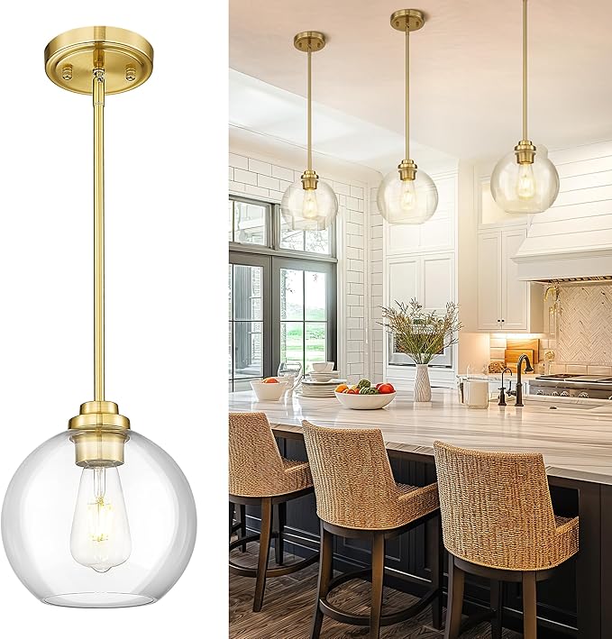 8 inch Modern Gold Pendant Light Fixtures, Mid Century Globe Pendant Lights with Clear Glass, 1 Light Hanging Lights for Kitchen Island, Bathroom, Dining Room (1 Pack), PL101BG-L