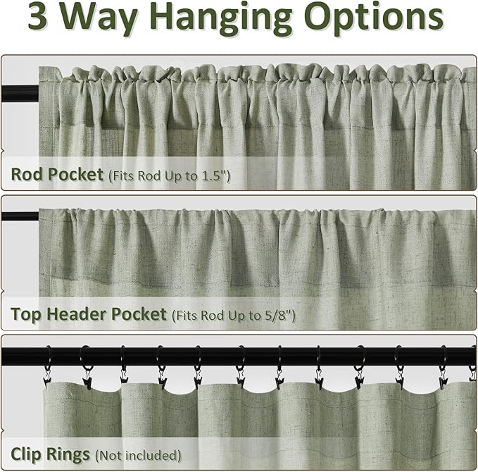 Sage Green Linen Curtains 45 Inches Long 2 Panel Set Rod Pocket Semi Sheer Dining Room Cozy Bedroom Decor Cotton Look Country Rustic Farmhouse Boho Curtains 52x45