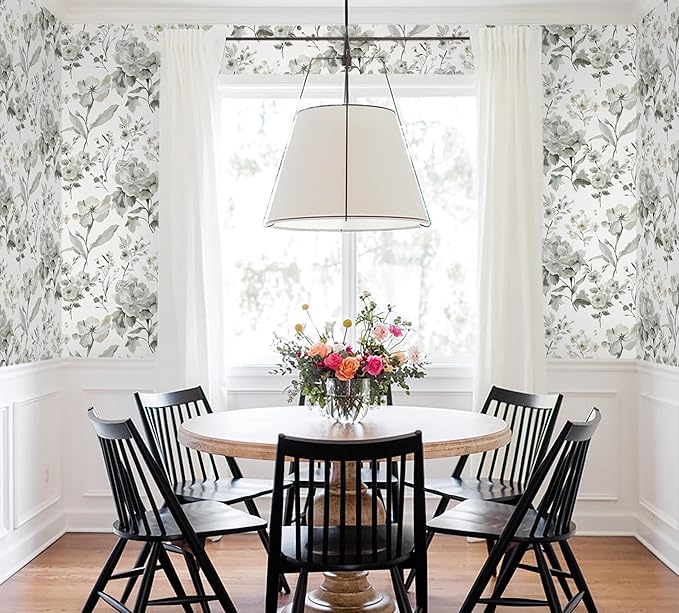 Vinjiasin Wallpaper Peel and Stick Black and White Ink Floral Contact Paper Vintage Flower Leaf Wall Paper for Bathroom Bedroom Self Adhesive Removable 16.1"x 118"