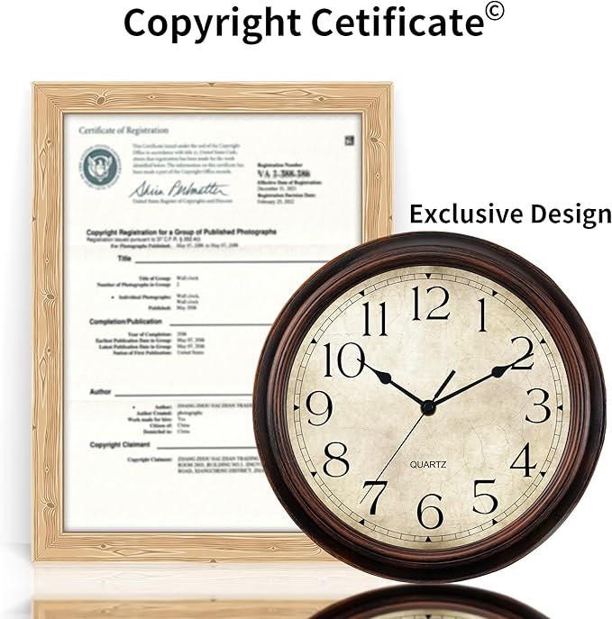 12 Inch Wall Clocks Battery Operated Silent Non-Ticking Analog Wall Clock Vintage Retro Rustic Style Decorative for Living Room Kitchen Home Office(Bronze)