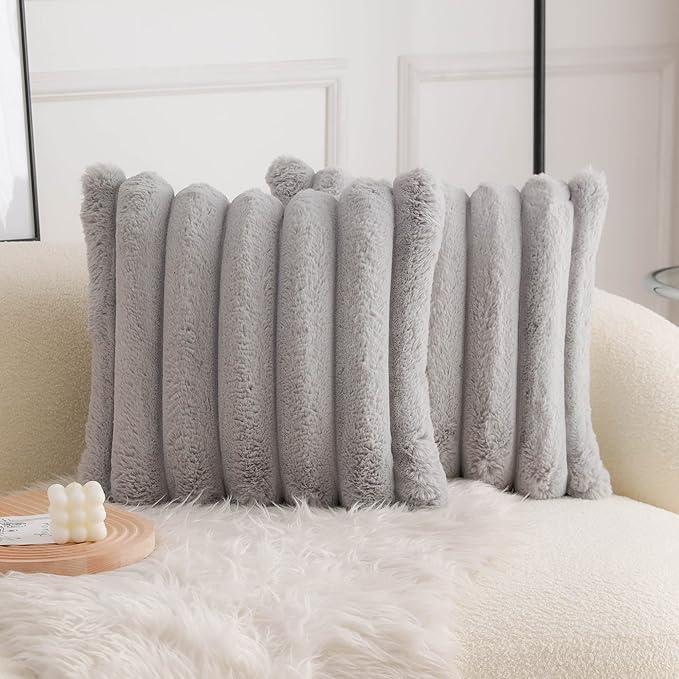 Neelvin Grey Faux Fur Cozy Soft Striped Decorative Throw Pillow Covers 18x18 inch Set of 2,Velvet Pillowcase Cushion Case for Sofa Couch