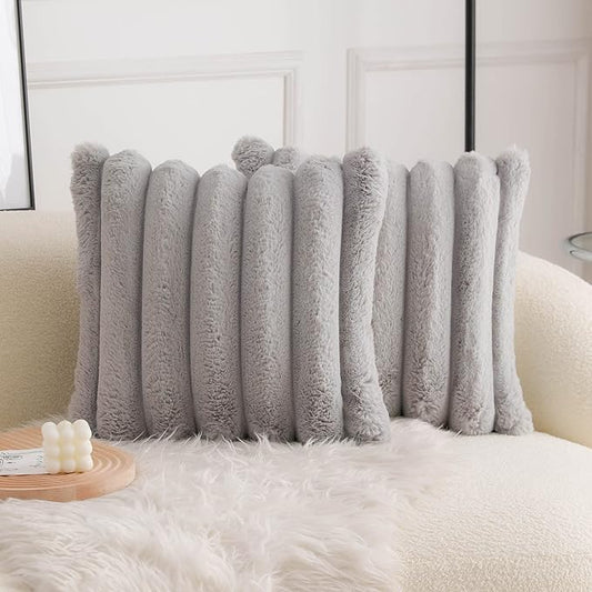 Neelvin Grey Faux Fur Cozy Soft Striped Decorative Throw Pillow Covers 18x18 inch Set of 2,Velvet Pillowcase Cushion Case for Sofa Couch