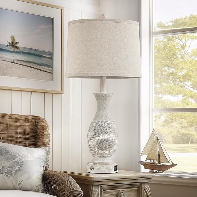 28" Rustic Farmhouse Table Lamps for Living Room Set of 2 Bedroom Lamps for Nightstand with USB A+C Charging Ports, 3-Way Dimmable Touch Bedside Lamp, Off-White, Linen Lampshade, LED Bulbs Included