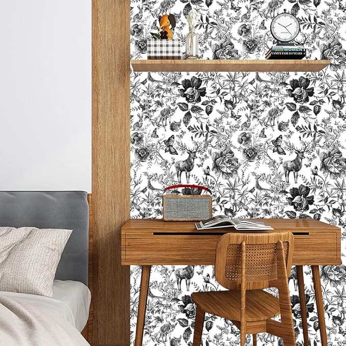 Black and White Vinyl Wallpaper, Removable Floral Wallpaper, 118.1''X17.71'', 14.5 sq.ft, Furniture Wall Shelf Drawer Liner