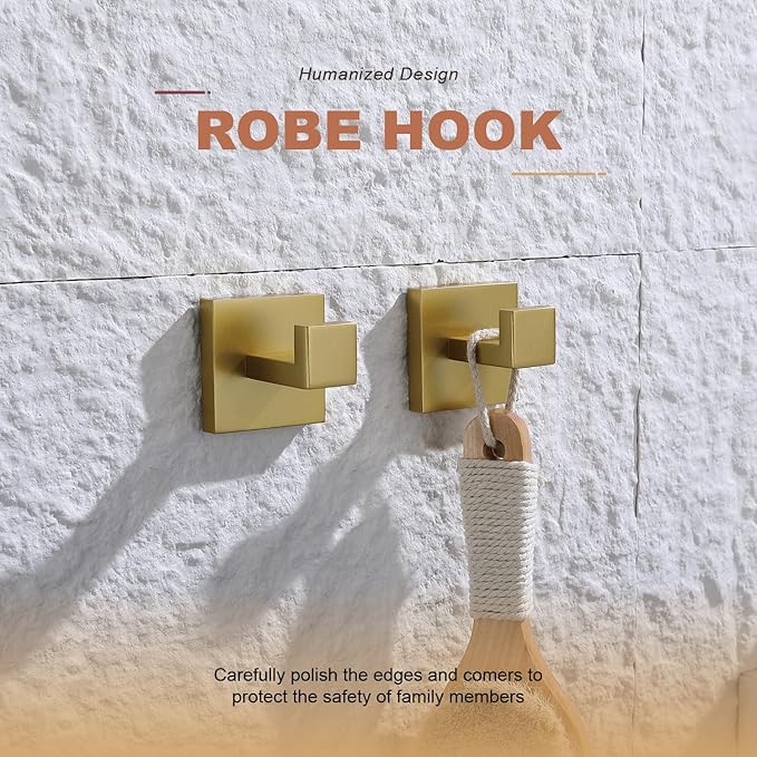 TASTOS Bath Towel Hooks Brushed Gold, 4 Pack Stainless Steel Robe Coat and Clothes Hook, Heavy Duty Wall Hook for Bathroom & Kitchen, Modern Square Style Wall Mounted…