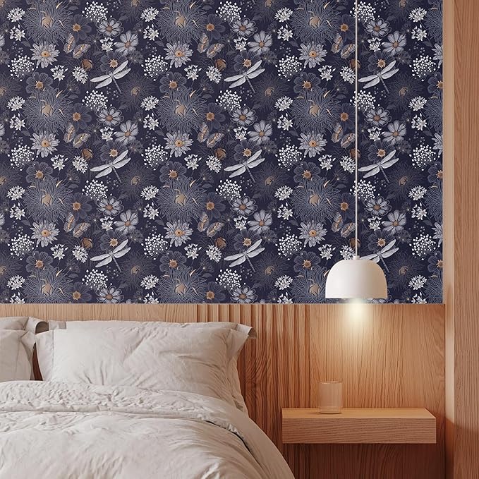 Navy Blue/Gold Floral Peel and Stick Wallpaper With Wildflowers, Butterflies and Dragonflies - Self Adhesive Vintage Contact Paper, Removable Decorative Vinyl, Easy Peel Off - 17.71" X 118.1"