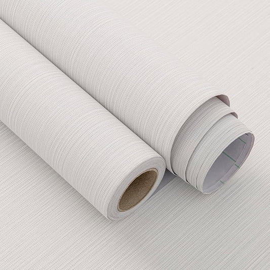 White Grey Grasscloth Wallpaper Peel and Stick Fabric Linen Textured 24"x394" Classic Faux Grassweave Upgraded Thick Self-Adhesive Neutral Contact Paper Vinyl Film Liner Roll for Home Use