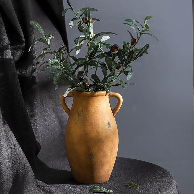Large Ceramic Flower Vase,11.3 inch Terracotta Vase with 2 Handles, Rustic Farmhouse Vases, Decorative Pottery Flower Vases for Home Decor, Living Room Shelf Decor, Table
