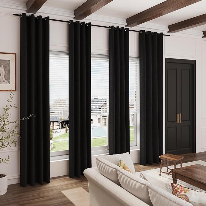 100% Blackout Linen Curtains for Bedroom Thermal Insulated Grommet Complete Blackout Drapes 120 Inch Length 2 Panels Set Heat and Full Light Blocking Living Room Darkening Curtains Black