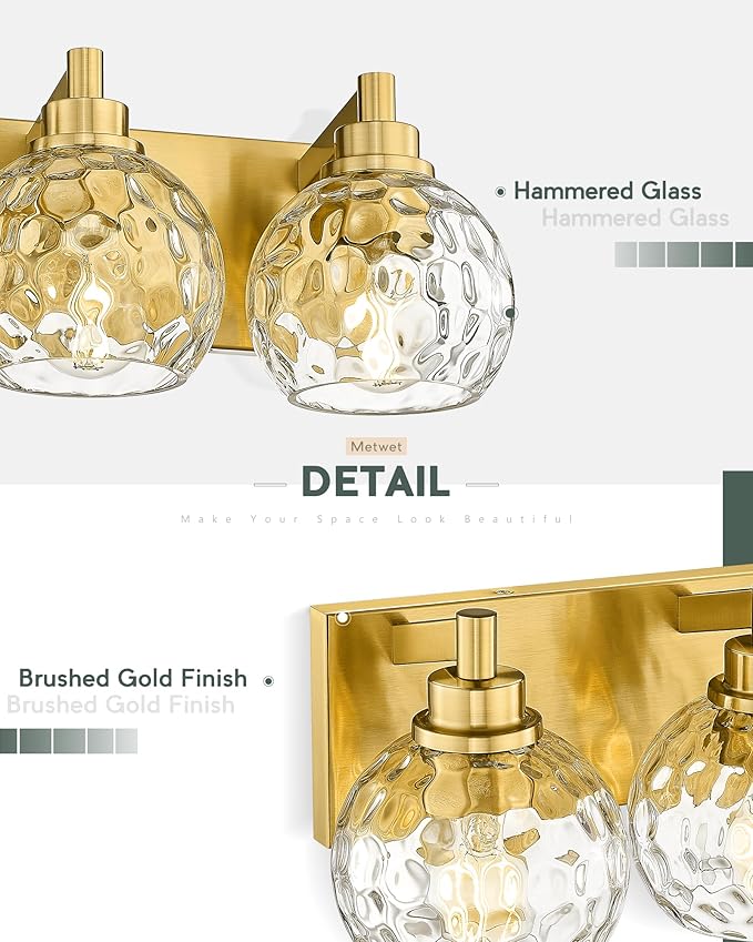 Bathroom Light Fixtures Over Mirror, 26" Brushed Gold Bathroom Vanity Light with Clear Hammered Glass Globe Shade, 4-Light Modern Sconces Wall Lighting, VL200-BG-CL-4