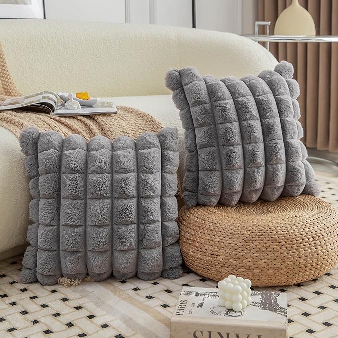 Neelvin Grey Faux Fur Cozy Soft Plaid Decorative Throw Pillow Covers 12x20 inch Set of 2,Velvet Pillowcase Cushion Case for Sofa Couch