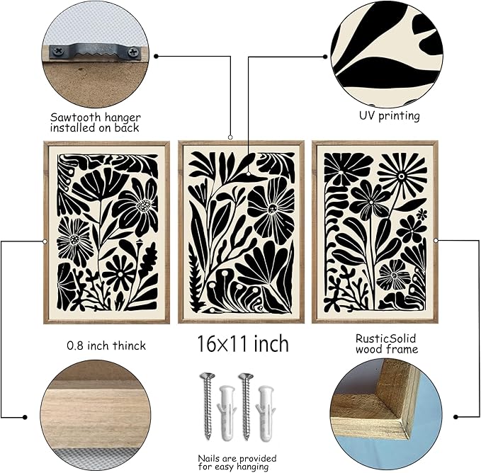 flowtorely Abstract Floral Botanical Wall Art 16x11 Inch 3 Piece Black Vintage Boho Plant Flower Minimalist Wood Frame Sign Home Living Room Family Office Mid Century Print Wall Hanging Decor (Wood)