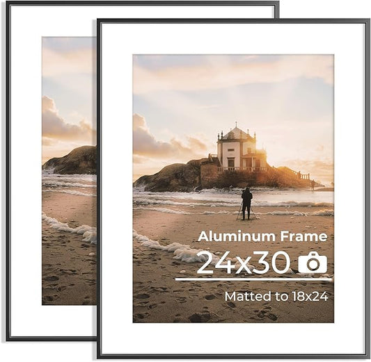 24x30 Aluminum Picture Frame - with Mat for 18x24 Photo or Without Mat for 24 x 30 Photo, Metal Poster Frame with High Definition Plexiglass, Wall Mounting or Tabletop Display, Black, Set of 2