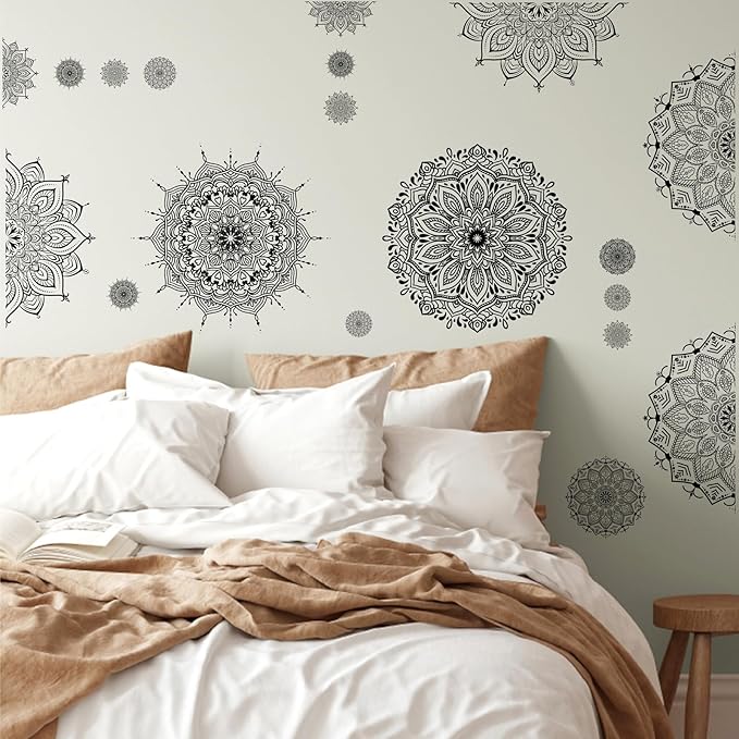 Large Mandala Wall Sticker Peel and Stick Boho Lotus Wall Decor Stickers Mandala Floral Flower Window Cling Decals Black Mandala Wall Art Decal for Bedroom Living Room Headboard Yoga Decoration