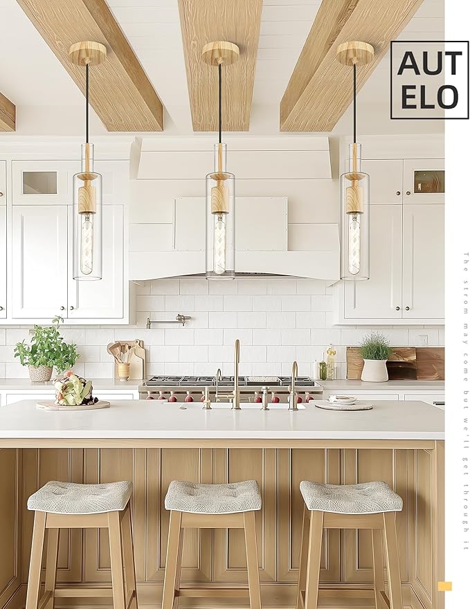 AUTELO 1-Light Pendant Lights - Vintage Pendant Lights Kitchen Island, Light Wood Grain Hanging Light with Clear Cylinder Glass, Pendant Light Fixtures for Kitchen Island Dining Room Bathroom H3875 LW