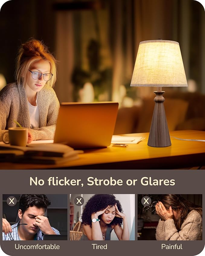 EDISHINE 21.85" Farmhouse Table Lamp, Rustic Bedside Lamp, Water Transfer Walnut Wood Grain Metal Base, Beige Linen Shade, Minimalist Nightstand Lamp for Living Room, Bedroom, Office, E26 Base