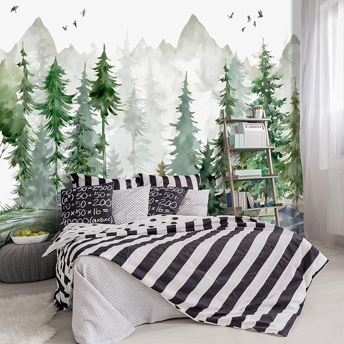 -Green Cartoon Pine Forest Nursery Fabric Wallpaper for Boys and Girls Children's Bedroom Living Room Woodland Plants Large Wall Mural- 151"x102"（ not Peel and Stick）