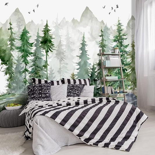 -Green Cartoon Pine Forest Nursery Fabric Wallpaper for Boys and Girls Children's Bedroom Living Room Woodland Plants Large Wall Mural- 91"x65"（ not Peel and Stick）