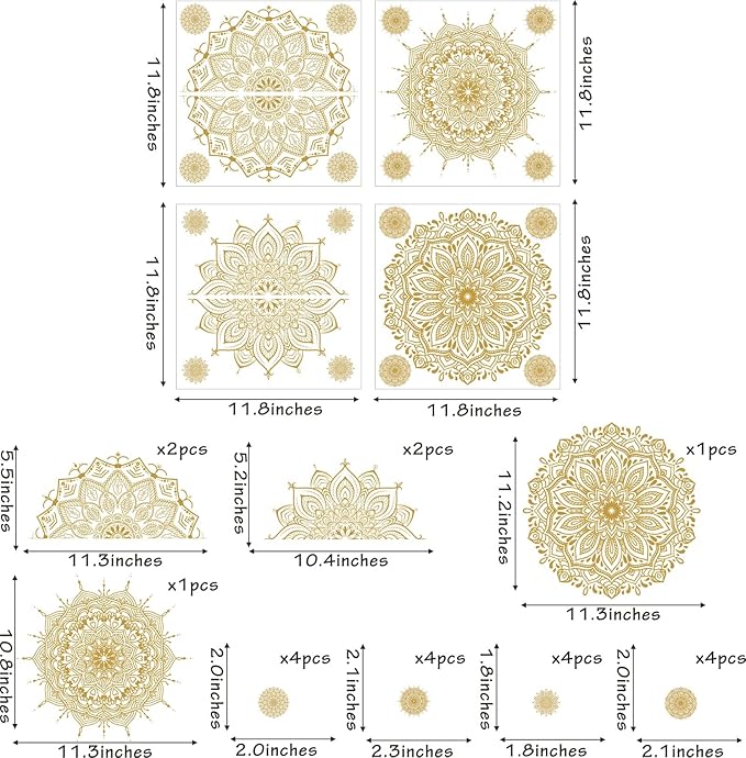 Kazova Mandala Wall Art Decals Gold Mandala Wall Decal Mandala Window Stickers Lotus Flower Decals Peel and Stick Removable Mandala Floral Stickers for Bedroom Living Room Headboard Decor