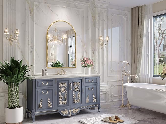 Arched Mirror for Wall, 24"x32" Gold Arch Bathroom Vanity Mirror, Metal Flower Frame Decorative Arch Wall Mirror, Antique Gold Arched Mirror for Washroom, Bedroom, Entryway, Living Room