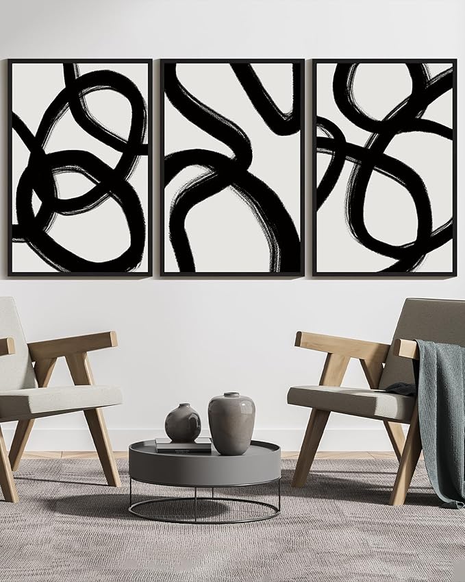 KUVIOKE Black and Wahite Abstract Framed Wall Art Ink Wash Minimalist Lines Painting Artwork for Bedroom Hallway 24x36in (Black Framed)