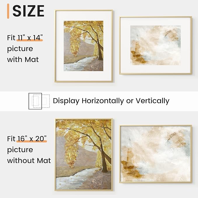 16x20 inch Metal Picture Frame - 16 x 20 Thin Aluminum Photo Frames with 11x14 Removable Mat - High Definition Plexiglass - Vertical and Horizontal Display - Wall Hook Hanging Hardware Included - Gold, Set of 1