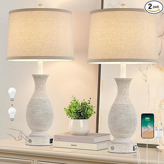 28" Rustic Farmhouse Table Lamps for Living Room Set of 2 Bedroom Lamps for Nightstand with USB A+C Charging Ports, 3-Way Dimmable Touch Bedside Lamp, Off-White, Linen Lampshade, LED Bulbs Included