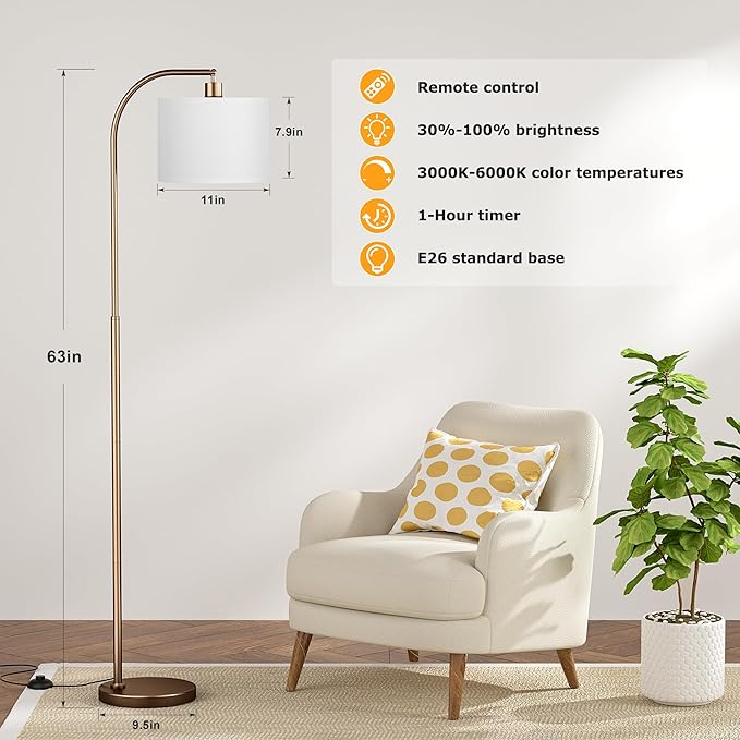 Arc Floor Lamp with Remote and Stepless Dimmable Bulb, Colors Temperature & Brightness Adjustable, Floor Lamps for Living Room（White Shade & Brown Pole）