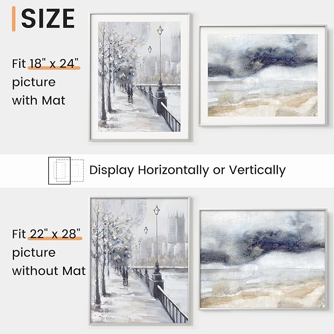 22x28 inch Metal Poster Frame - 22 x 28 Thin Aluminum Picture Frames Matted for 18x24 Photos, Artworks, Prints, Puzzle - High Definition Plexiglass - Vertical and Horizontal Display - Wall Hook Hanging Hardware Included - Silver, Set of 4