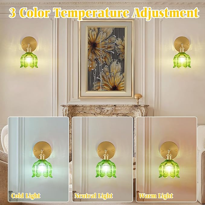 Vintage Wall Sconces,Wall Lamp with Flower Lampshade,3 Color Temperatures Wall Lights,Hradwired Wall Lighting Fixture for Bedside Bathroom Bedroom Doorway (Flower Green, 1 Light Hardwired)