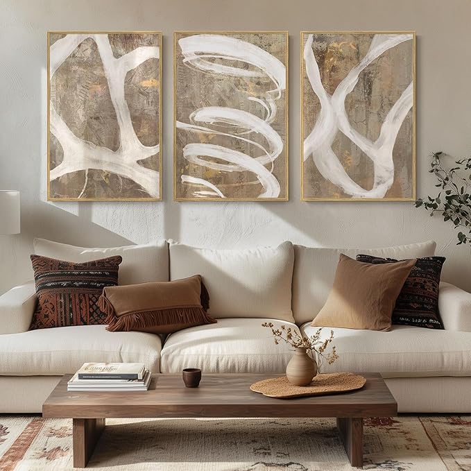Framed Abstract Wall Art for Living Room, 3 Piece Modern Brown Beige Canvas Painting Artwork for Walls, Large Minimalist Neutral Lines Abstract Wall Decor, Hallway, Bedroom, Office, 24x36 Inch