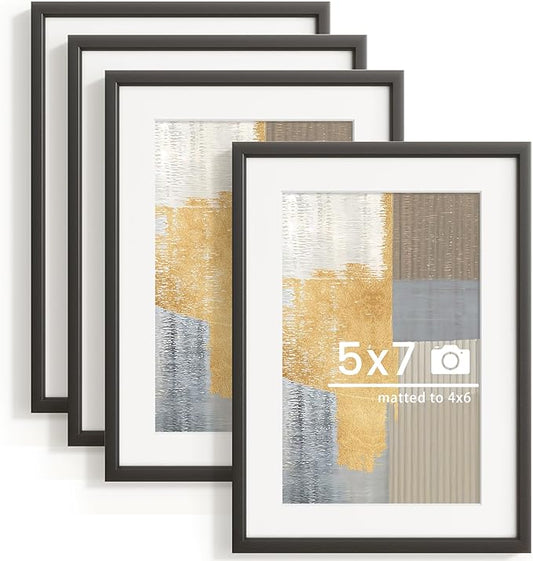 5x7 inch Metal Picture Frame - 5 x 7 Thin Aluminum Photo Frames with 4x6 Removable Mat - High Definition Plexiglass - Ideal for Wall or Tabletop Display - Black, Set of 4