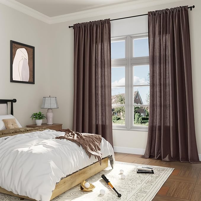 Guken Coffee Linen Curtains 96 Inch Length for Living Room Bedroom 2 Panels Set Rod Pocket Light Filtering Semi Sheer Window Curtains 52 Inch Width Boho Farmhouse Linen Drapes, W52xL96