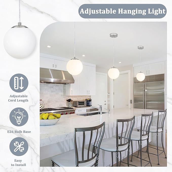 KoKo&Yukina 6 Inch Globe Pendant Light Nickel Globe Pendant Lights Kitchen Island Mid Century Light Fixture with Milky White Glass Shade for Dining Room Living Room