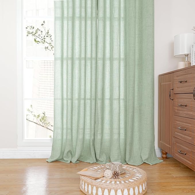 YoungsTex Sage Green Linen Cafe Curtains 36 Inch Length, Short Drapes Light Filtering with Rod Pocket Back Tab for Cafe Kitchen Windows Over Sink, 2 Panels, 42 X 36 Inch
