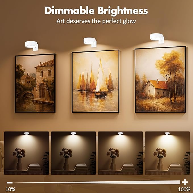 3Pcs Picture Light Battery Operated, Wireless Led Painting Light with Remote Dimmable and Timer, 3 Lighting Modes Art Display Light for Picture Frame Artworking Portrait, Wall Decorative Puck Lights