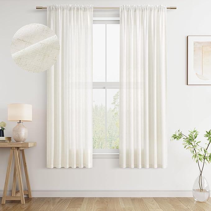 Guken Natural Linen Curtains 63 Inch Length for Living Room Bedroom 2 Panels Set Rod Pocket Light Filtering Semi Sheer Window Curtains 52 Inch Width Boho Farmhouse Linen Drapes Cream Ivory, W52xL63