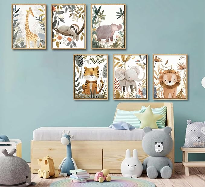 6Pcs Boho Baby Animals Wall Art Jungle Safari Canvas Paintings Cute Giraffe Elephant Lion Wall Decor Prints Inspirational Forest Animals Posters Pictures for Nursery kids Boys Bedroom Unframed