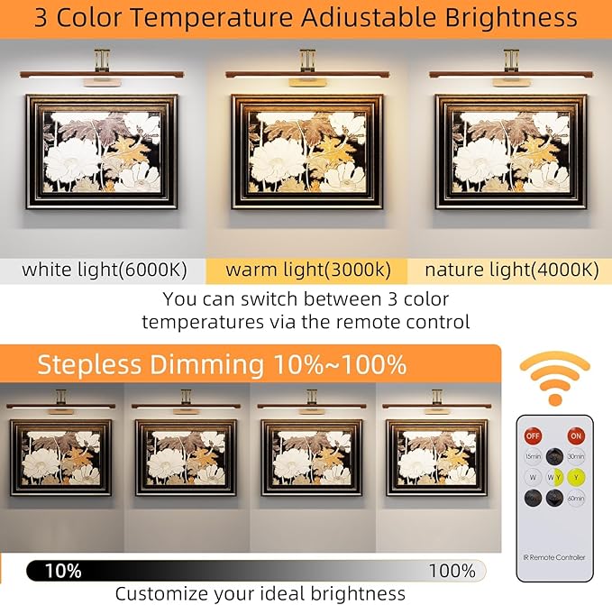 Wireless Picture Lights for Wall Rechargeable,16.1" Battery Operated Art Light for Paintings,3CCT Dimmable with Remote,Rotatable Gallery Light for Pictures Display,Wood Grain