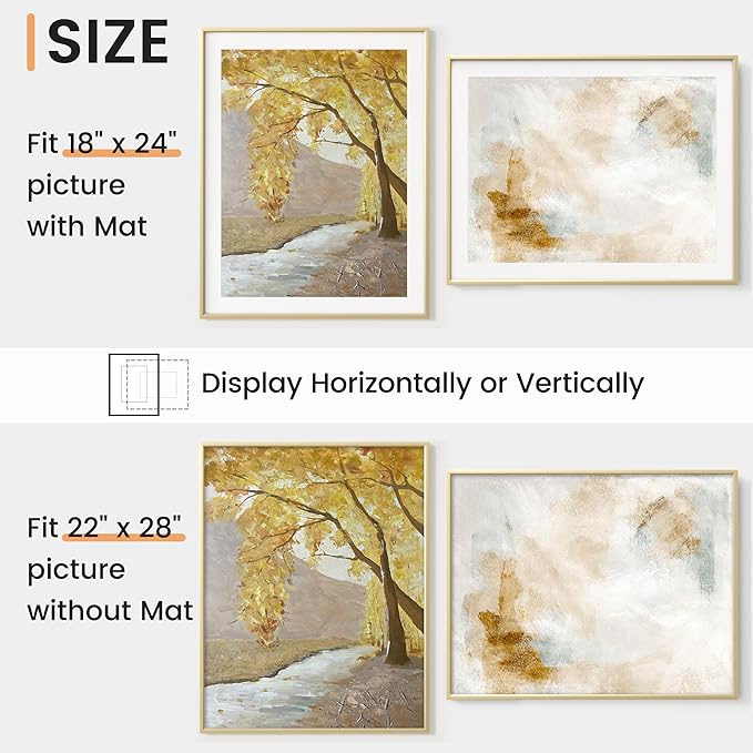 22x28 inch Metal Poster Frame - 22 x 28 Thin Aluminum Picture Frames Matted for 18x24 Photos, Artworks, Prints, Puzzle - High Definition Plexiglass - Vertical and Horizontal Display - Wall Hook Hanging Hardware Included - Gold, Set of 4